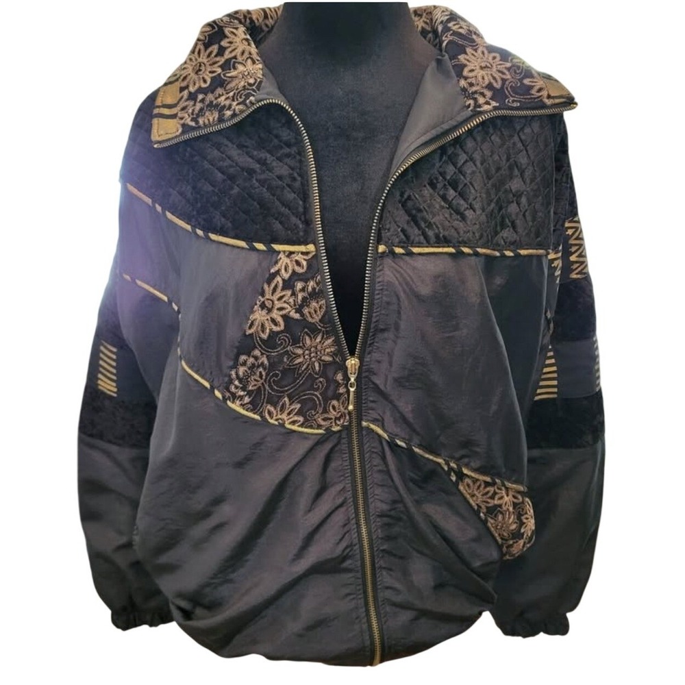 Vintage Dark Floral Velvet Patchwork Bomber Jacket L Whimsigoth Fairy Grunge